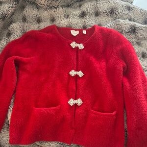 Red Cardigan Sweater with Floral Accents